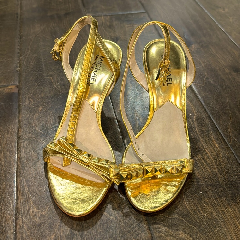 Michael Kors gold Strappy heels with bow and metal studs across the toe size 5